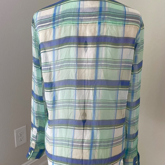 EQUIPMENT NWT WOMENS SP BUTTON-DOWN LONG SLEEVE SHEER TOP BLUE GREEN PLAID SILK - Picture 6 of 12